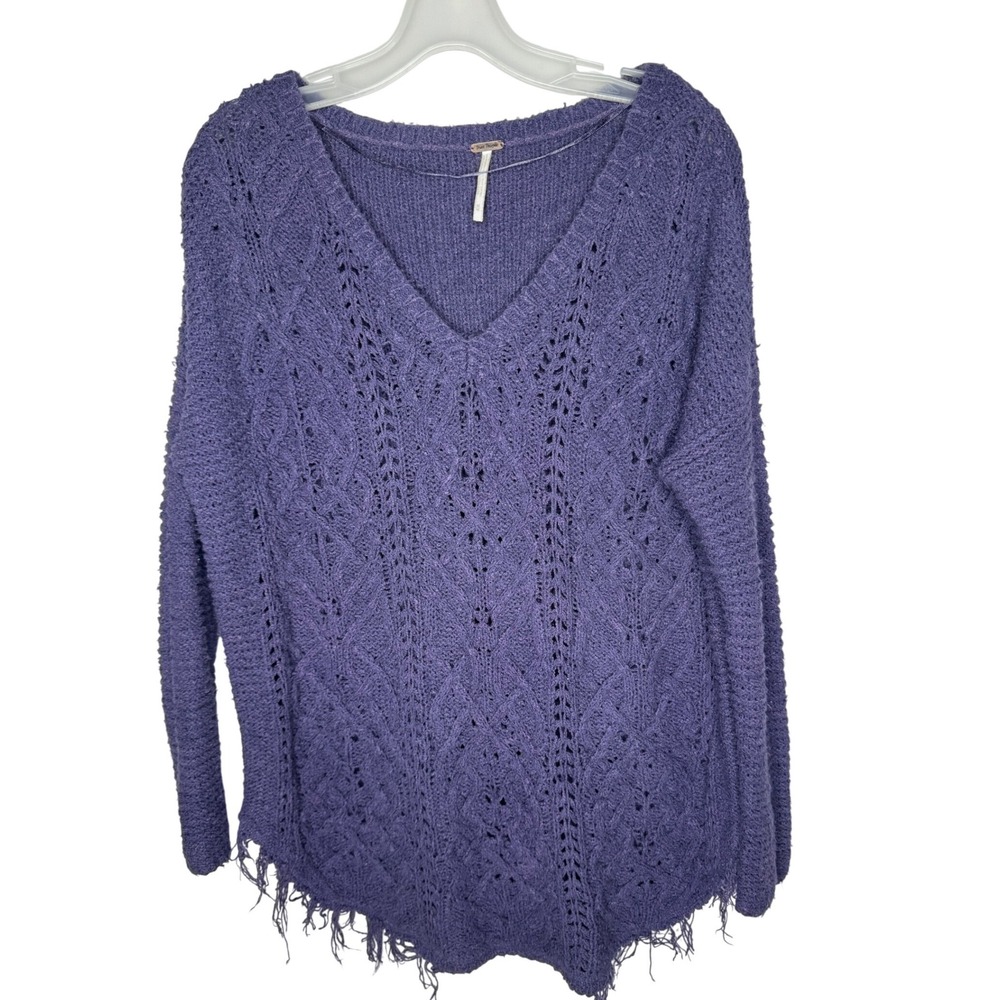 Free People Purple Cotton Pointelle Cable Knit V-Neck Frayed Hem Sweater Medium